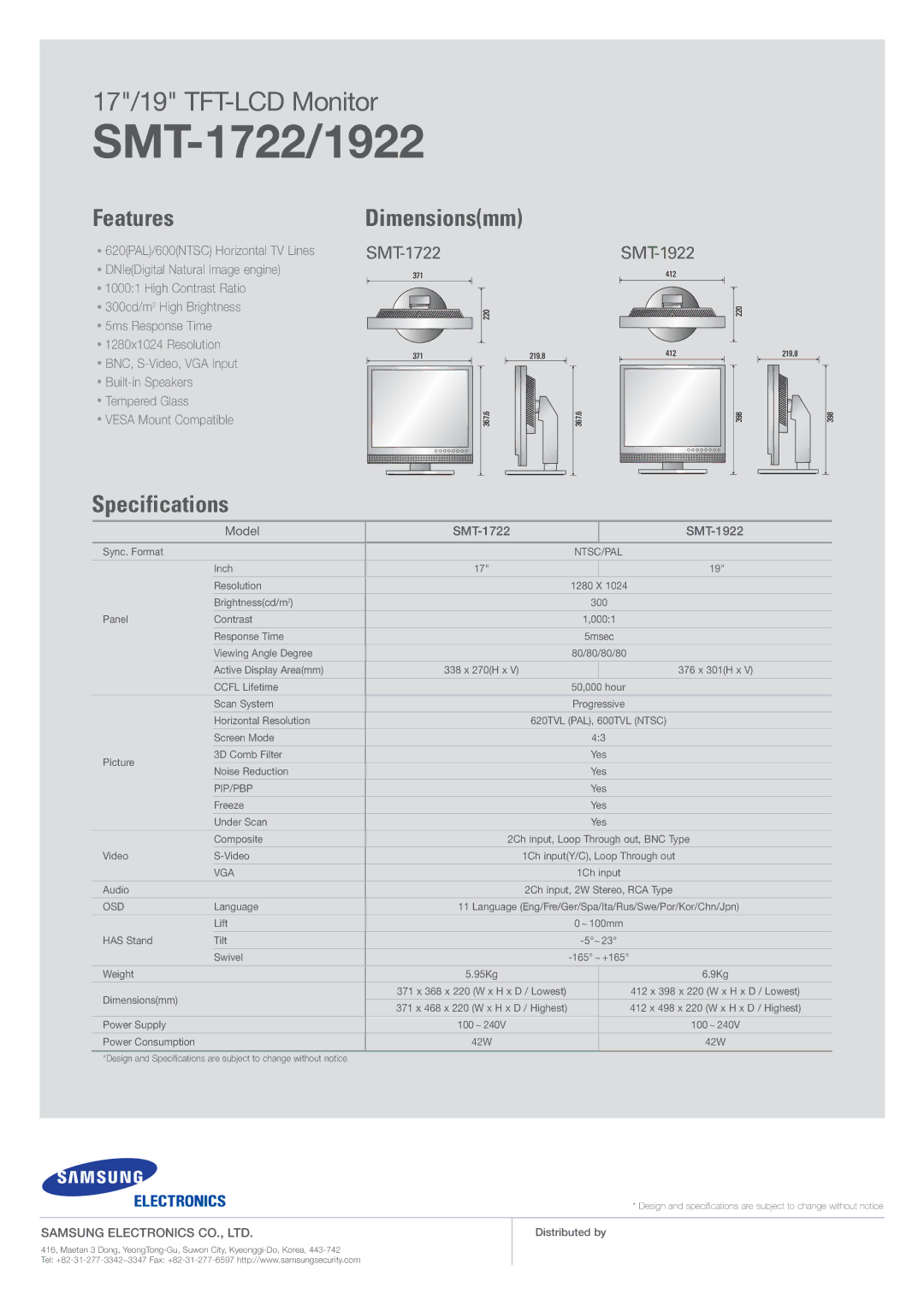 Samsung SMT-1922 specifications SMT-1722/1922 