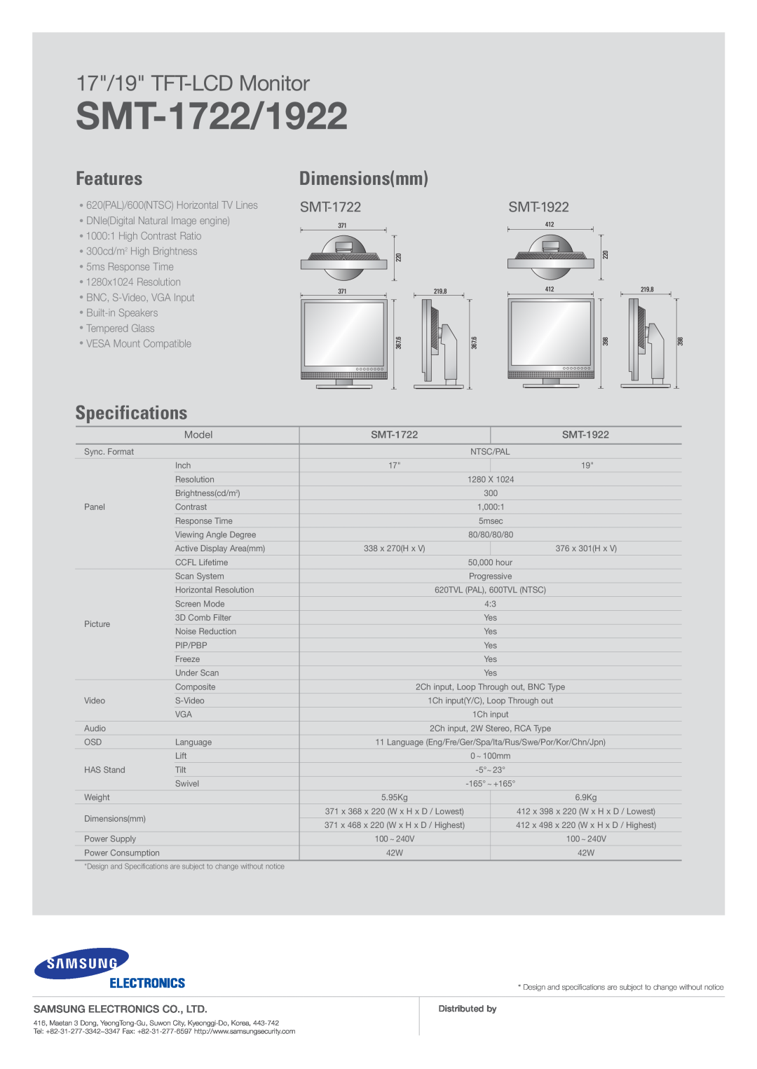 Samsung specifications SMT-1722/1922, 17/19 TFT-LCD Monitor, FeaturesDimensionsmm, Specifications, SMT-1722SMT-1922 