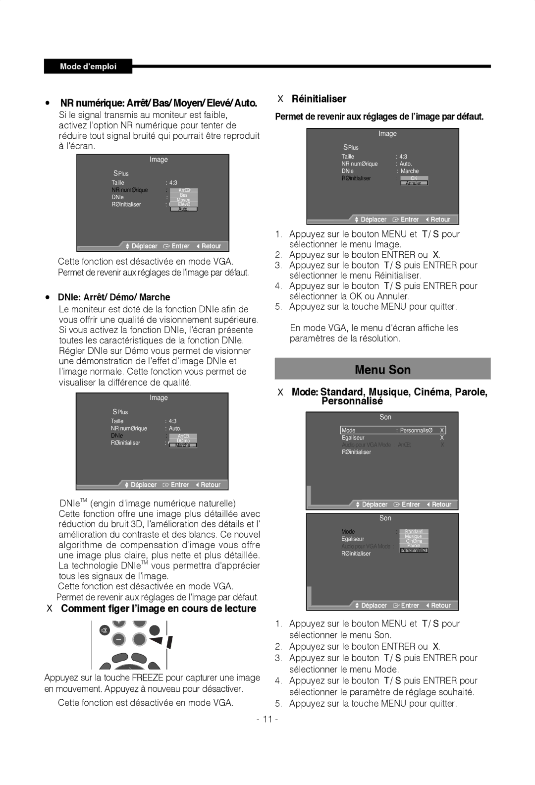 Samsung SMT-1722P, SMT-1922P manual Menu Son, Réinitialiser, Personnalisé 