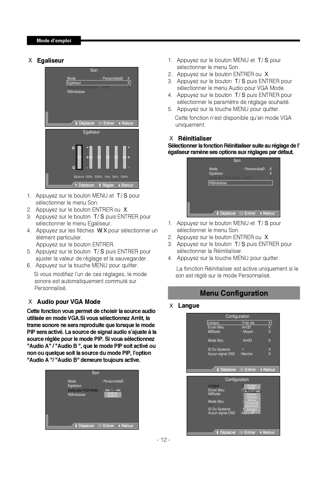 Samsung SMT-1922P, SMT-1722P manual Menu Configuration, Egaliseur, Audio pour VGA Mode 