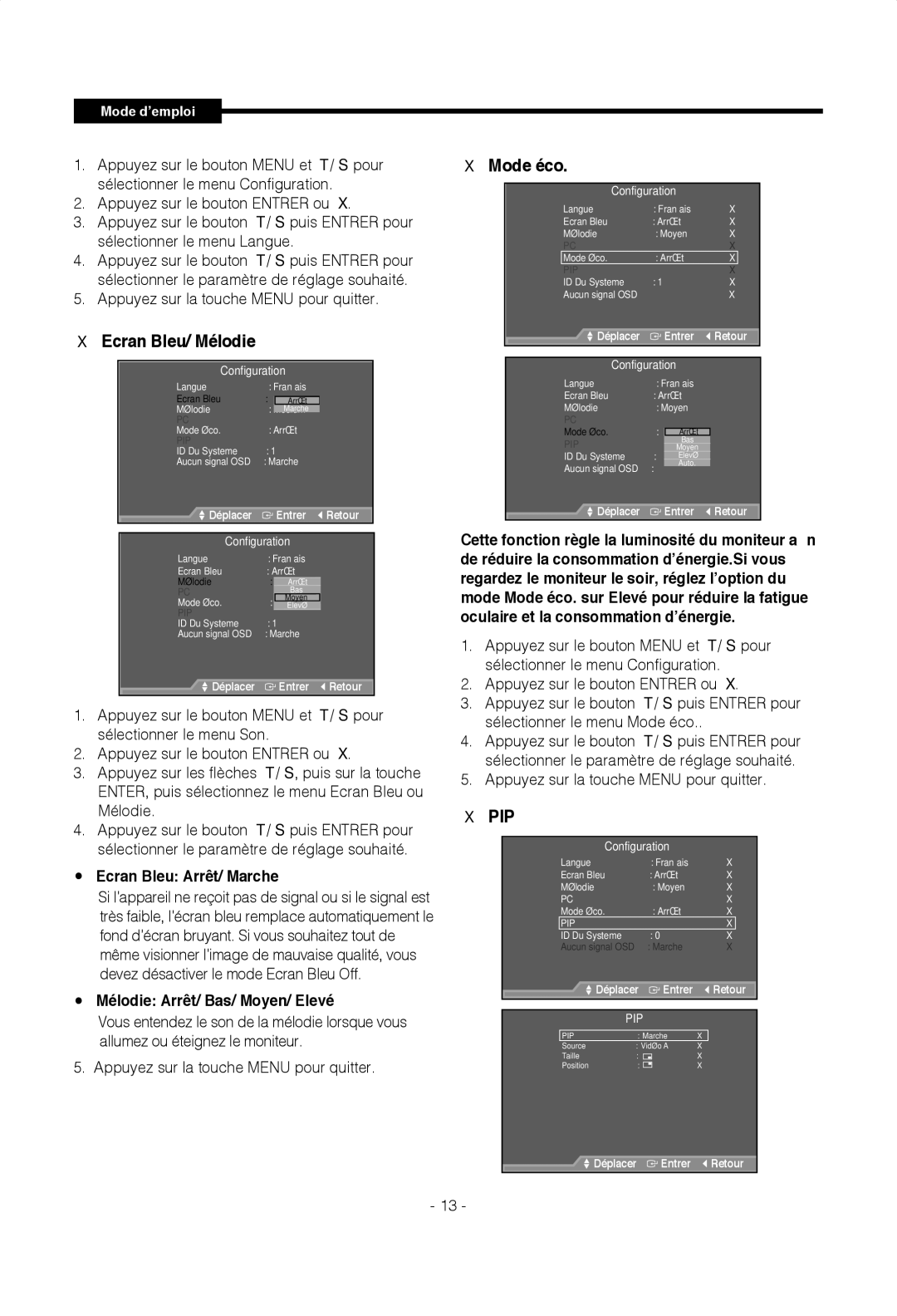 Samsung SMT-1722P, SMT-1922P manual Mode éco, Ecran Bleu Arrêt/ Marche, Mélodie Arrêt/ Bas/ Moyen/ Elevé 