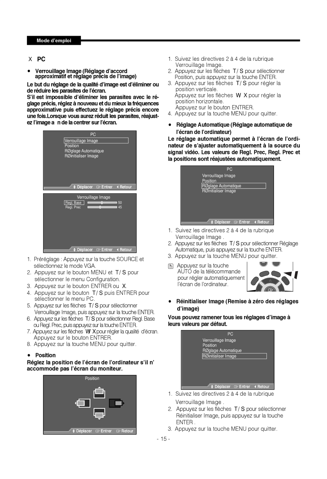 Samsung SMT-1722P, SMT-1922P manual Pour sélectionner, Position verticale, Position Réglage Automatique 