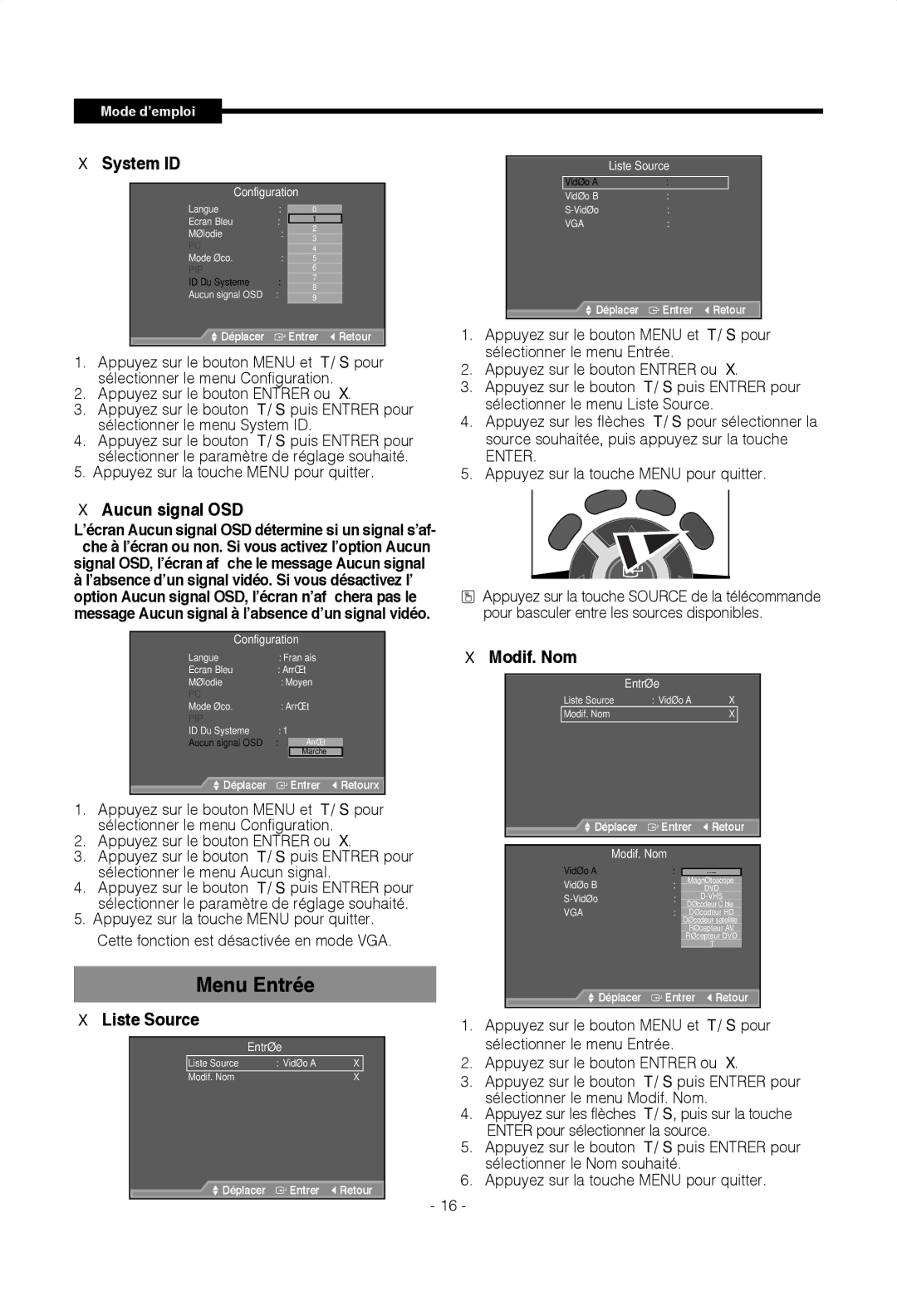 Samsung SMT-1922P, SMT-1722P manual Menu Entrée, System ID, Aucun signal OSD, Modif. Nom, Liste Source 