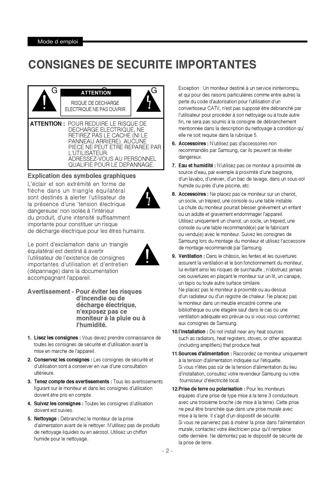 Samsung SMT-1922P, SMT-1722P manual Consignes DE Securite Importantes, De décharge électrique pour les êtres humains 