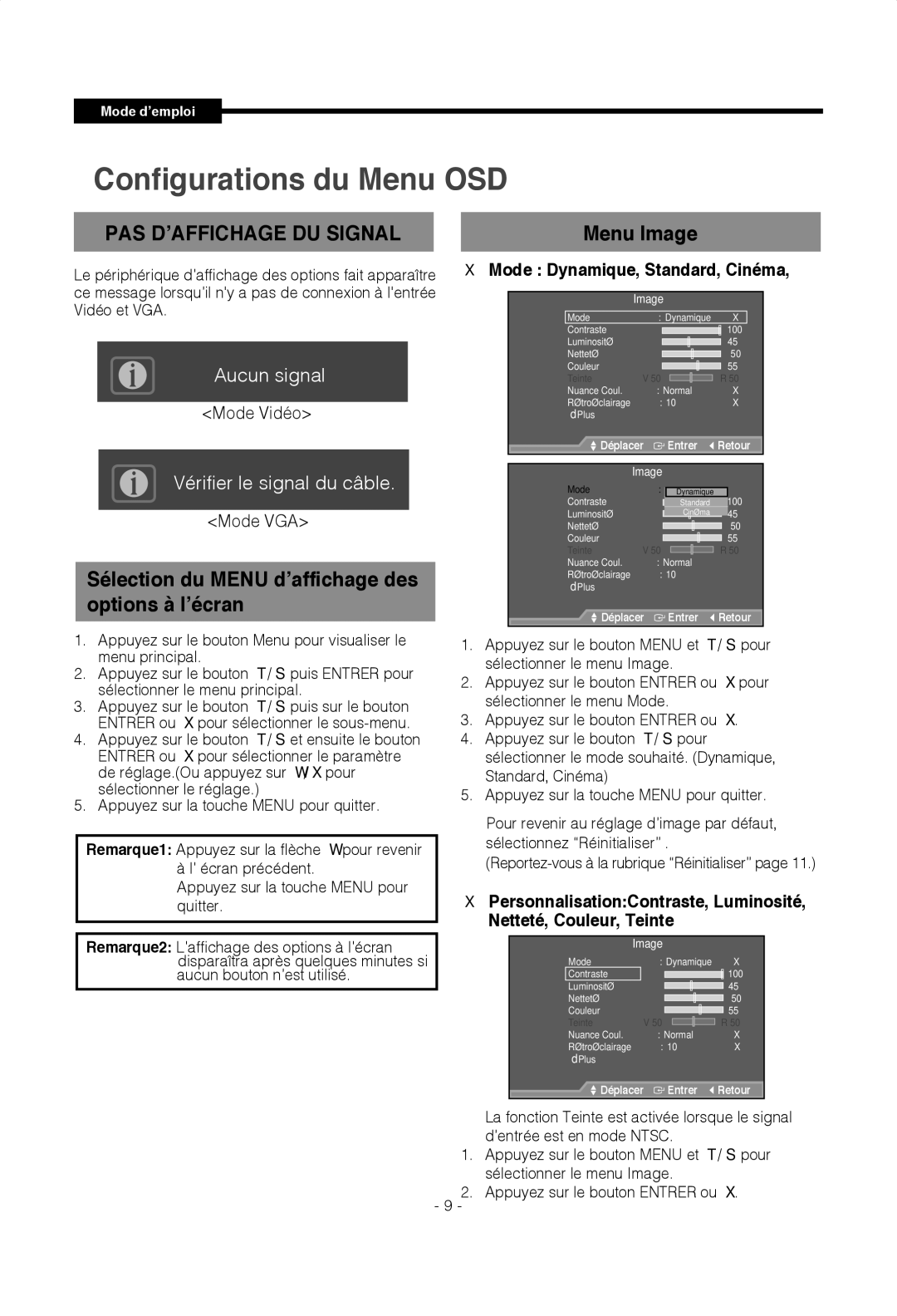 Samsung SMT-1722P, SMT-1922P manual Mode Dynamique, Standard, Cinéma 