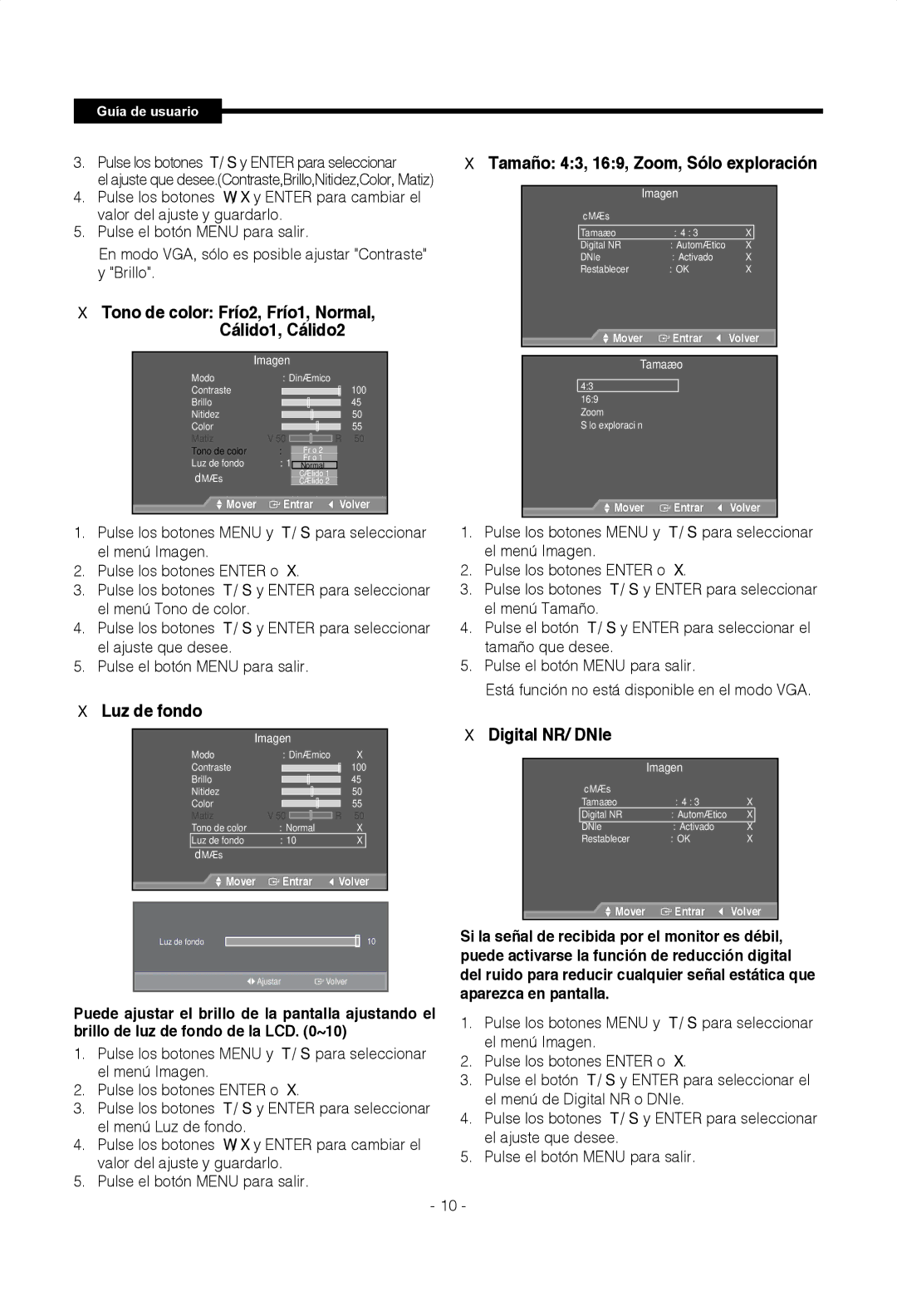 Samsung SMT-1922P, SMT-1722P manual Luz de fondo, Digital NR/ DNIe, Tono de color Frío2, Frío1, Normal, Cálido1, Cálido2 