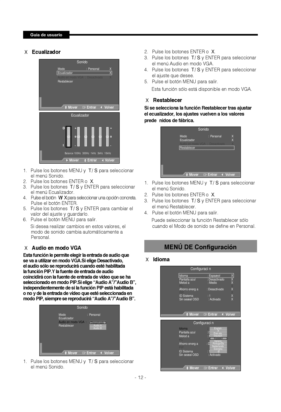 Samsung SMT-1922P, SMT-1722P manual Audio en modo VGA, Restablecer 