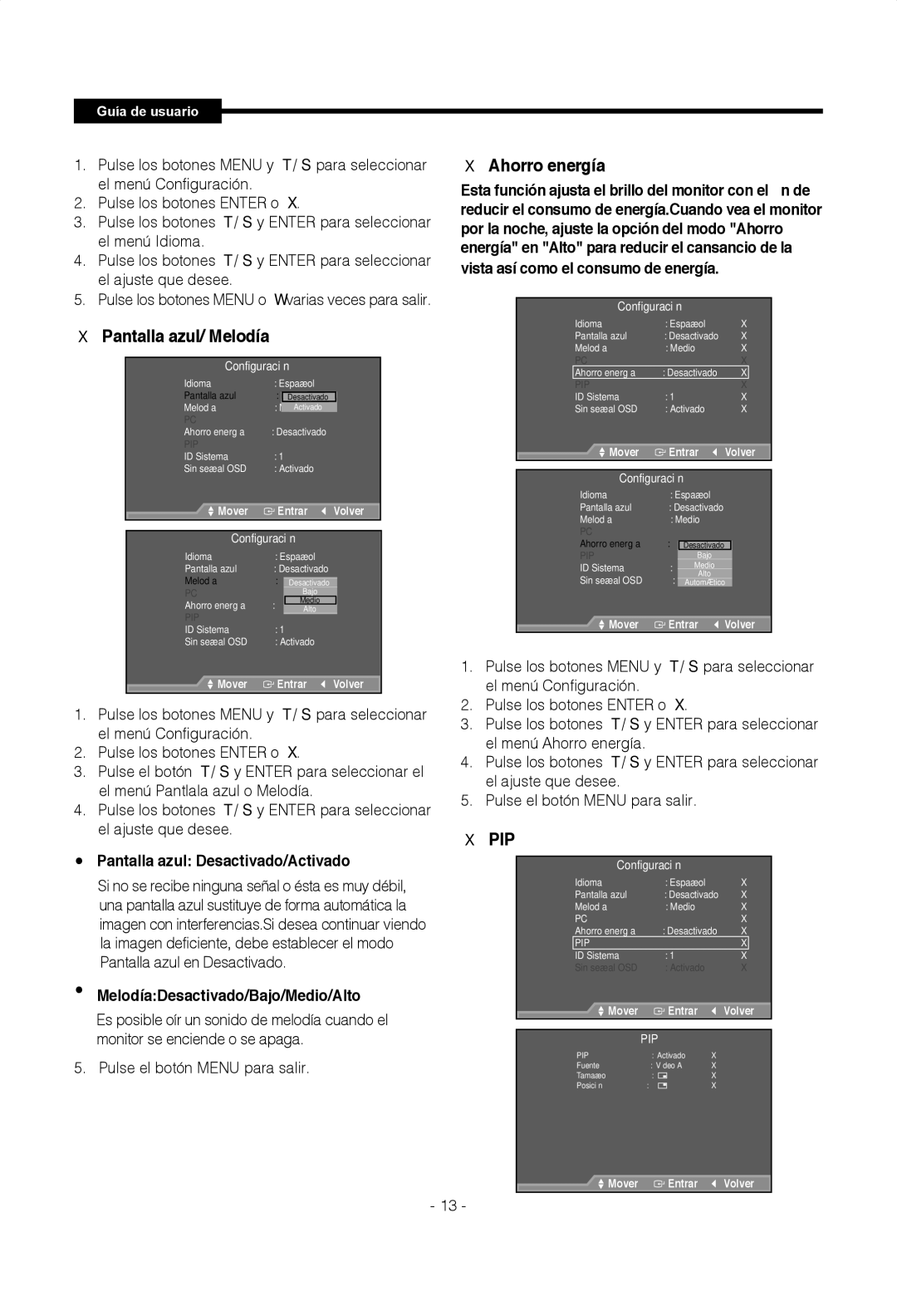 Samsung SMT-1722P, SMT-1922P manual Ahorro energía, Pantalla azul/ Melodía, Pantalla azul Desactivado/Activado 