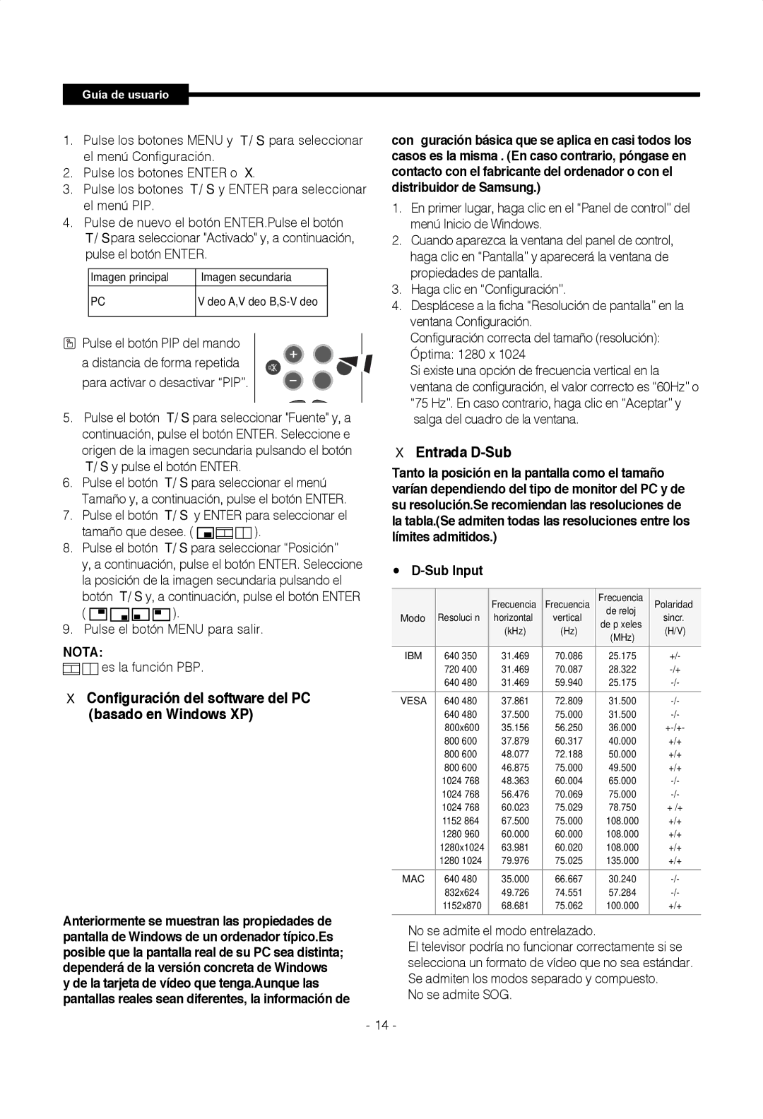 Samsung SMT-1922P, SMT-1722P manual Configuración del software del PC basado en Windows XP, Entrada D-Sub 