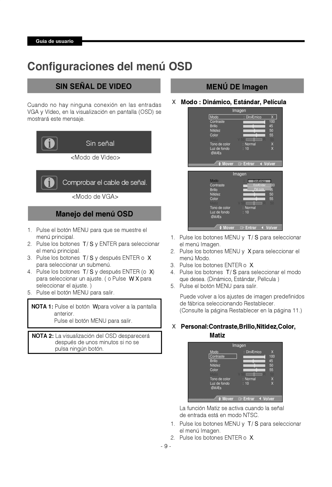 Samsung SMT-1722P, SMT-1922P manual Menú DE Imagen, Manejo del menú OSD, Modo Dinámico, Estándar, Película 