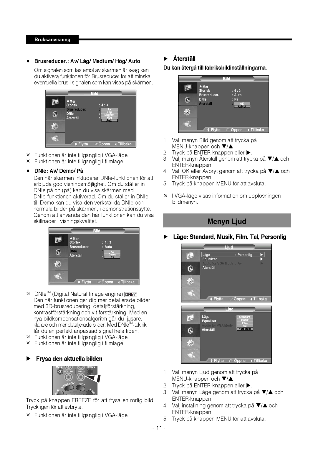 Samsung SMT-1722P, SMT-1922P manual Menyn Ljud, Återställ, Brusreducer. Av/ Låg/ Medium/ Hög/ Auto, DNIe Av/ Demo/ På 