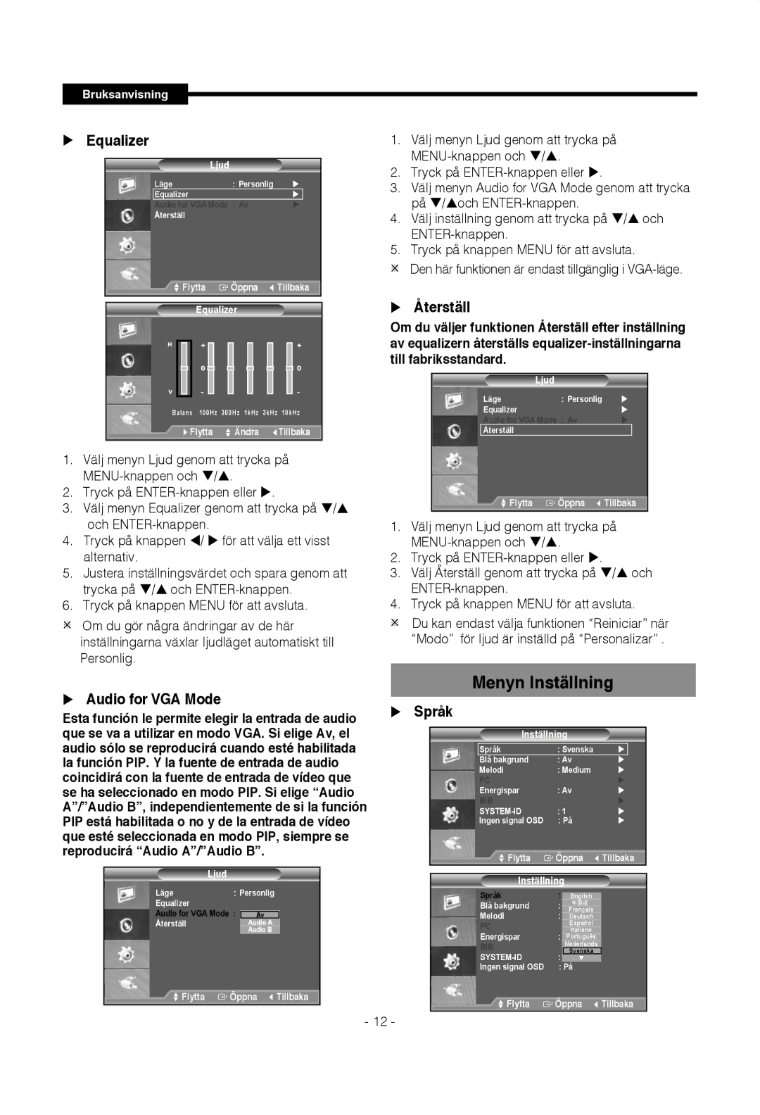 Samsung SMT-1922P, SMT-1722P manual Menyn Inställning, Audio for VGA Mode 