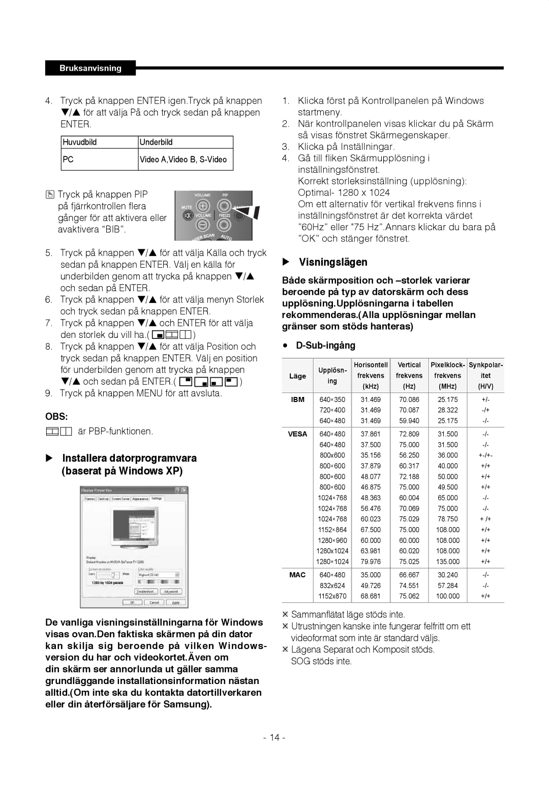 Samsung SMT-1922P, SMT-1722P manual Visningslägen, Obs 