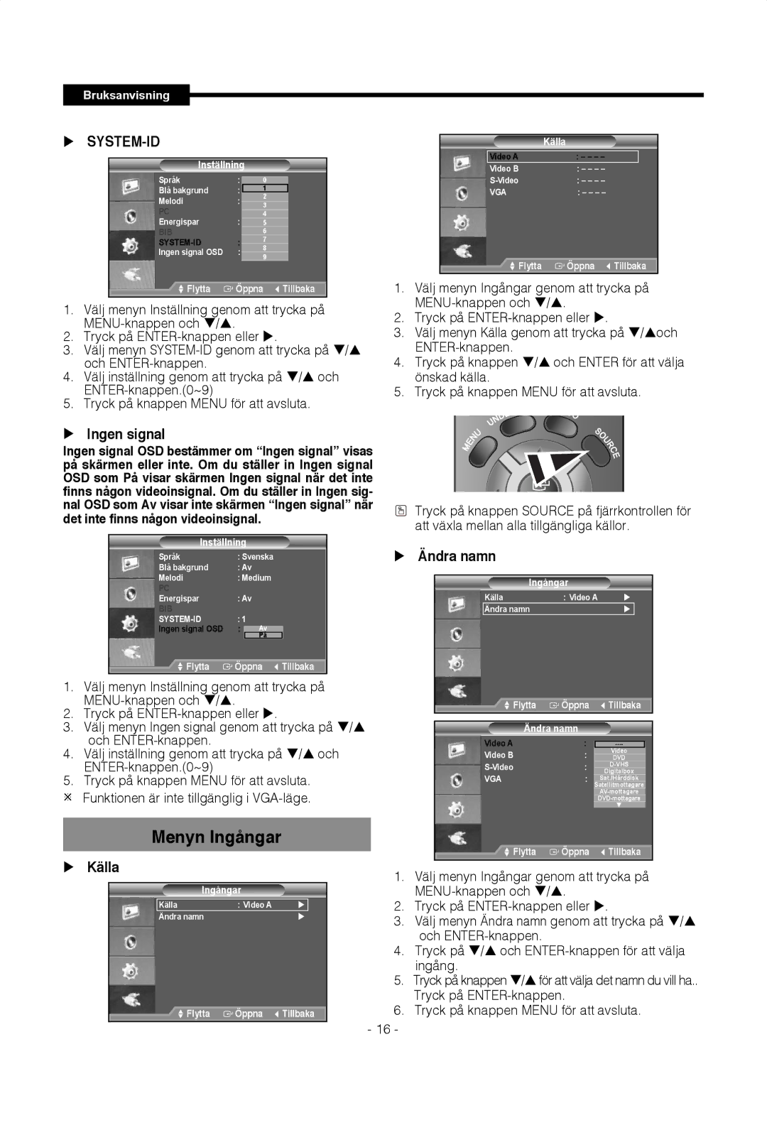 Samsung SMT-1922P, SMT-1722P manual Ingen signal, Ändra namn, Källa 