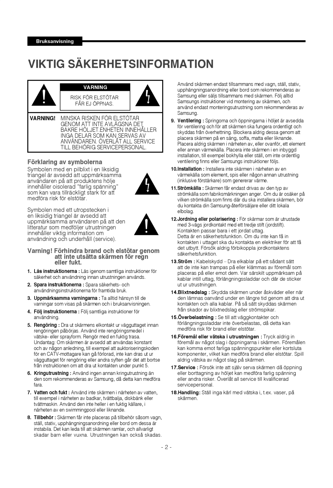 Samsung SMT-1922P, SMT-1722P manual Viktig Säkerhetsinformation 