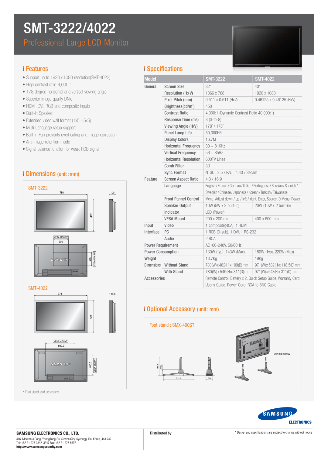 Samsung SMT-3222/4022, Professional Large LCD Monitor, Features, Dimensions unit mm, Specifications, Model, SMT-4022 