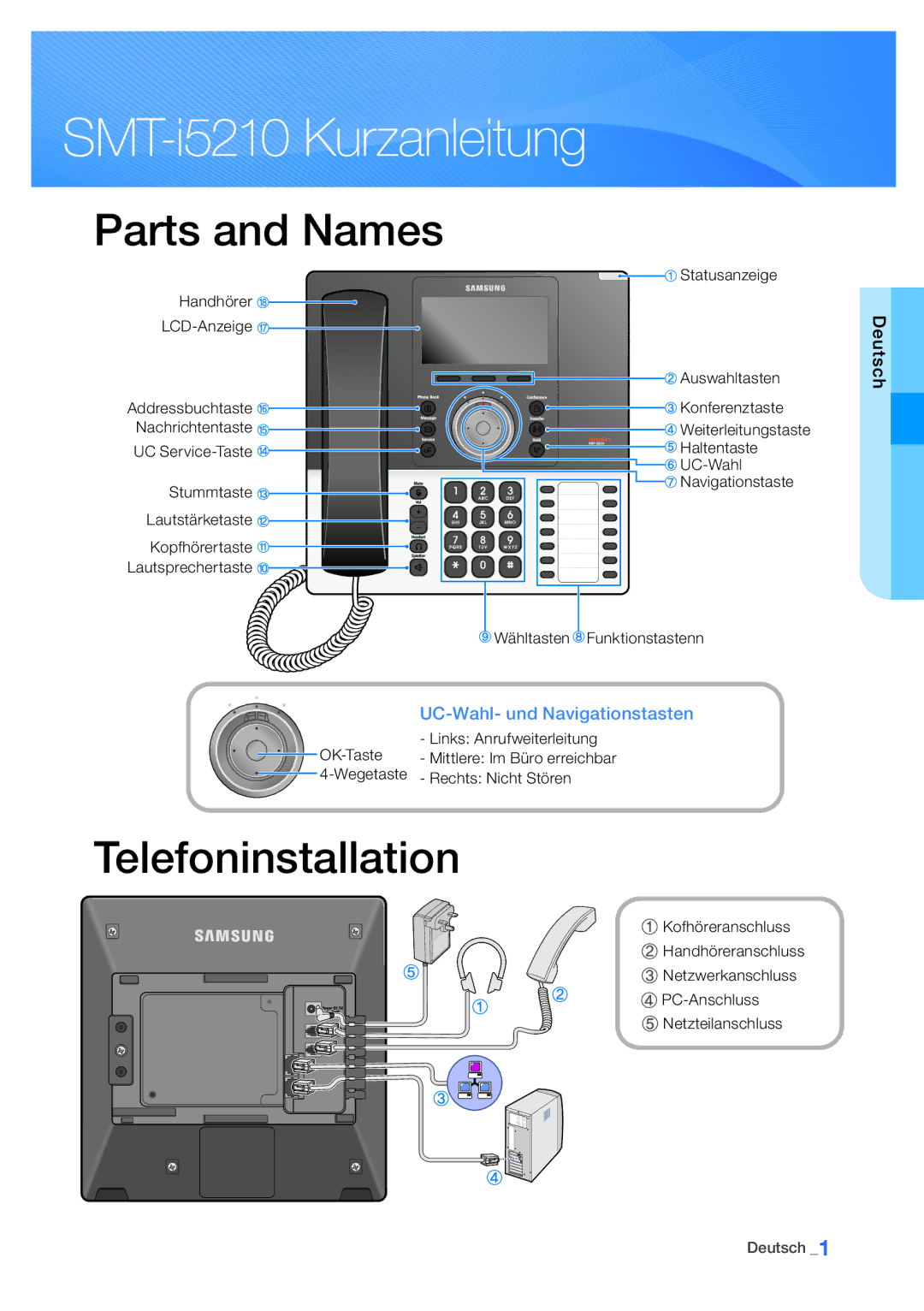 Samsung Smt-i5210 manual SMT-i5210 Kurzanleitung, Telefoninstallation, UC-Wahl- und Navigationstasten 