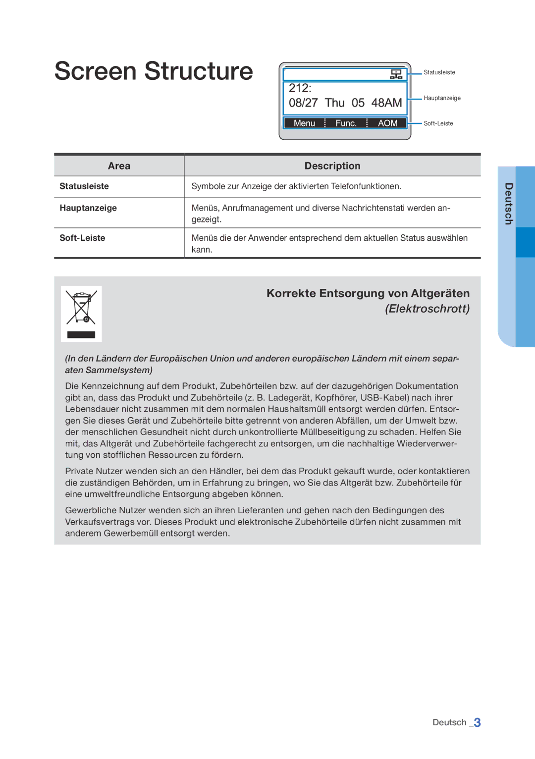 Samsung Smt-i5210 manual Screen Structure, Korrekte Entsorgung von Altgeräten Elektroschrott 