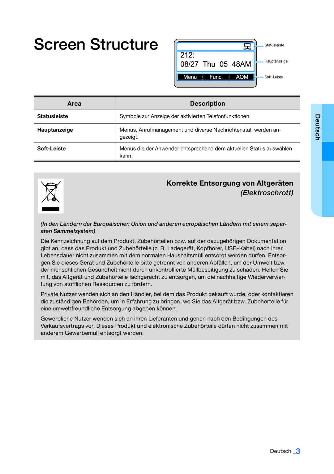 Samsung Smt-i5210 Korrekte Entsorgung von Altgeräten Elektroschrott, Screen Structure, Area, Description, Statusleiste 