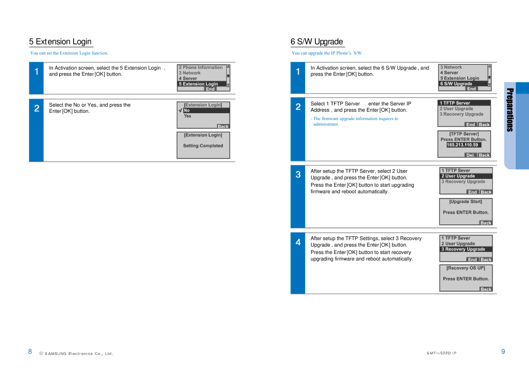 Samsung SMT-I5220 user manual Extension Login, W Upgrade, Select 1 Tftp Server enter the Server IP 