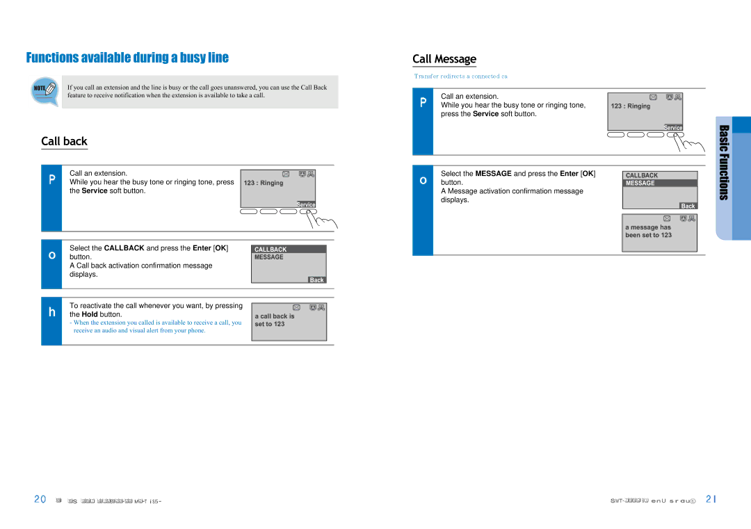 Samsung SMT-I5220 user manual Functions available during a busy line, Call Message, Call back, Basic 