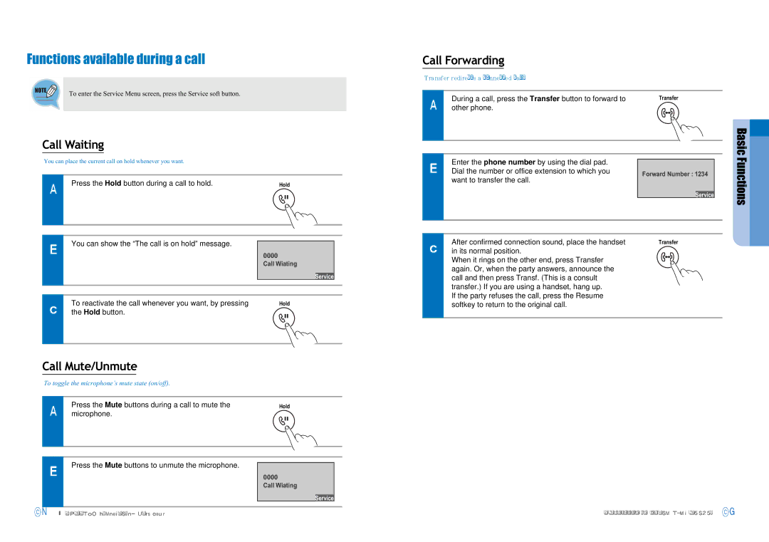 Samsung SMT-I5220 Functions available during a call, Call Waiting, Call Mute/Unmute, Call Forwarding, Basic Functions 