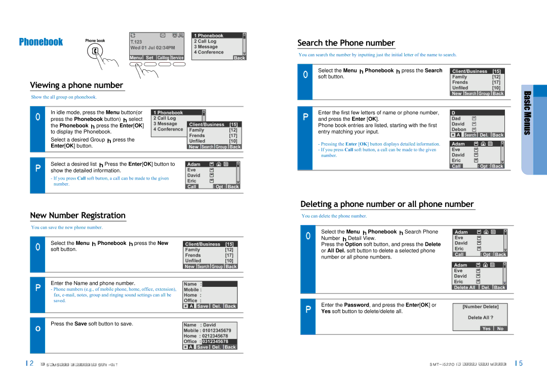 Samsung SMT-I5220 user manual Phonebook, Viewing a phone number, Search the Phone number, New Number Registration 