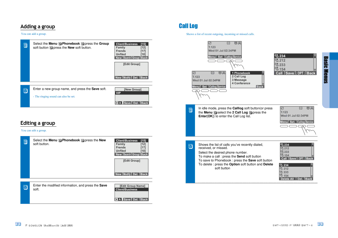 Samsung SMT-I5220 user manual Adding a group, Editing a group, EnterOK to enter the Call Log list 