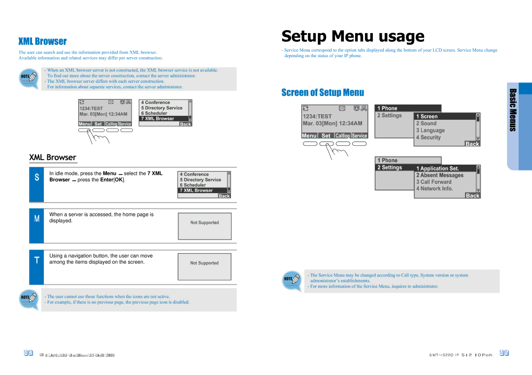 Samsung SMT-I5220 user manual Setup Menu usage, XML Browser, Screen of Setup Menu 