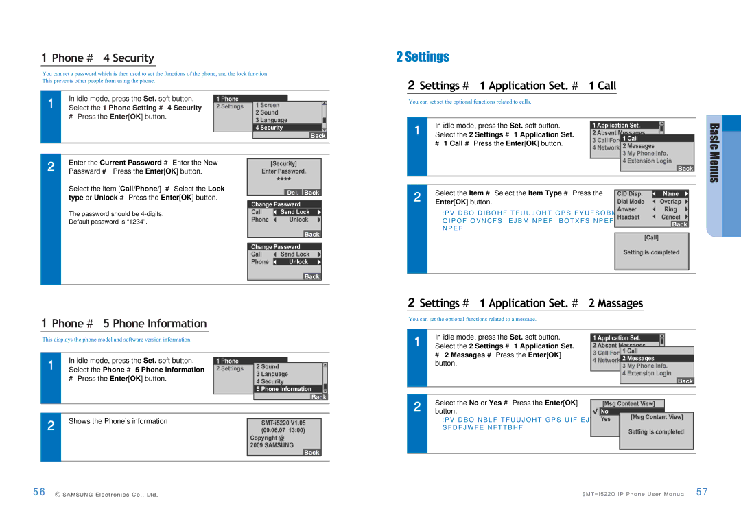 Samsung SMT-I5220 Settings Application Set Massages, Select the 2 Settings 1 Application Set, Enter the Current Password 