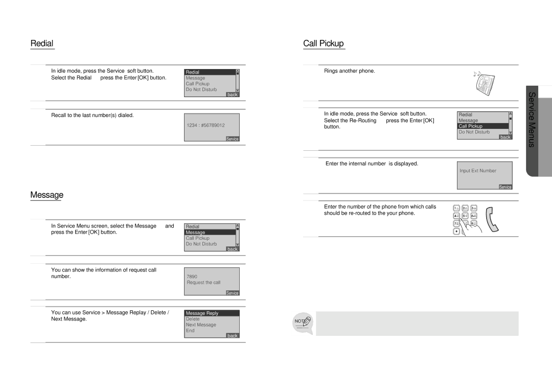 Samsung SMT-I5220 user manual Redial, Message, Call Pickup, Service Menus 