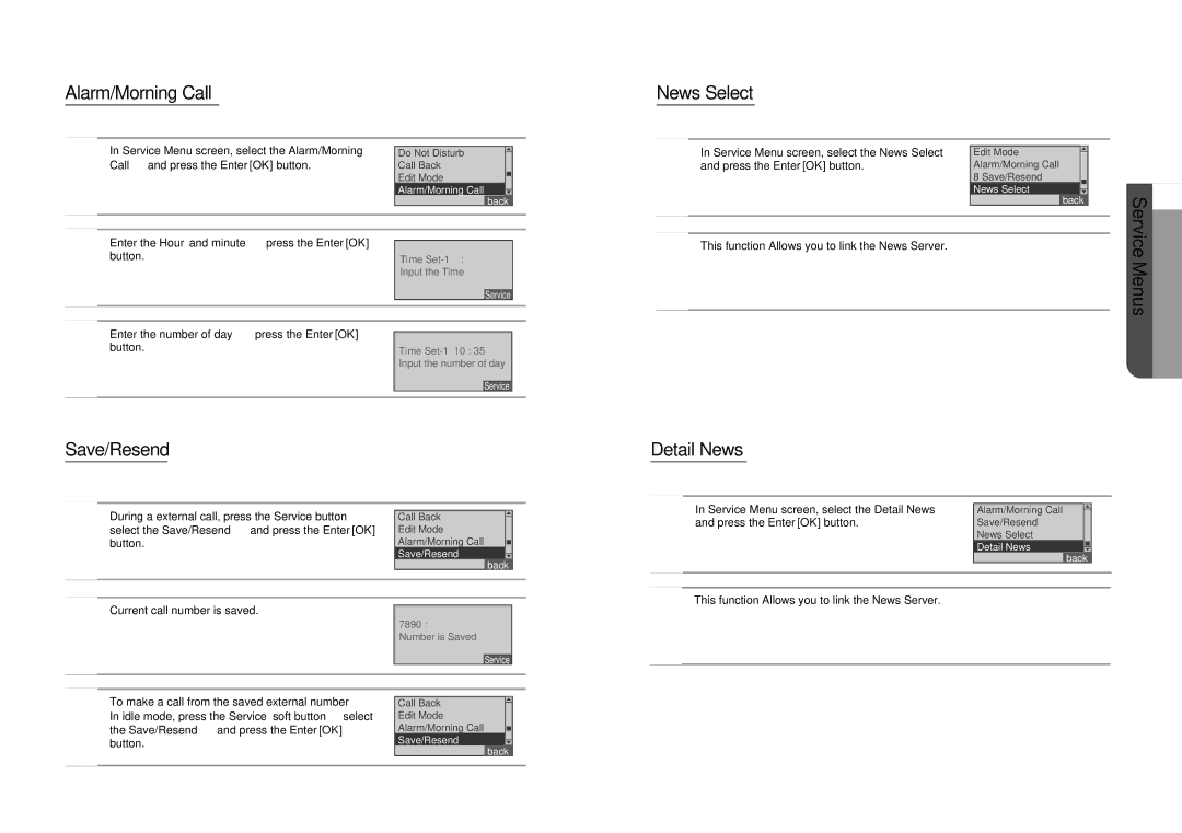 Samsung SMT-I5220 user manual Alarm/Morning Call, Save/Resend, News Select, Detail News, Enter the number of day 