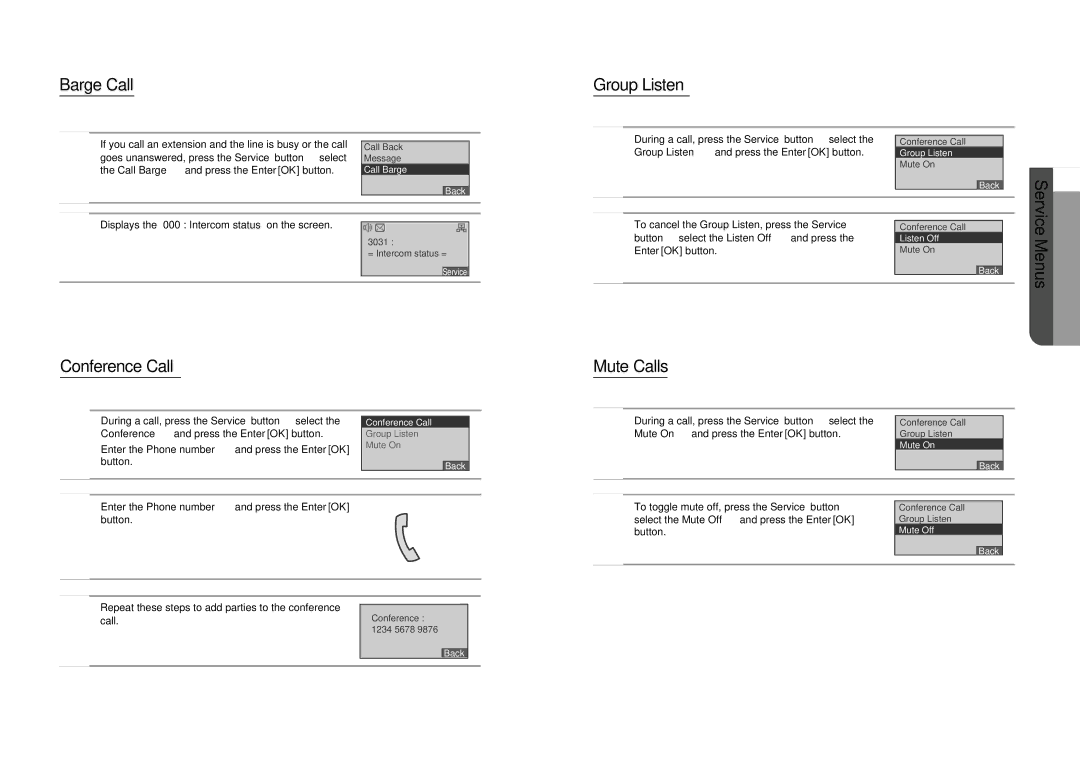 Samsung SMT-I5220 user manual Barge Call, Conference Call, Group Listen, Mute Calls 