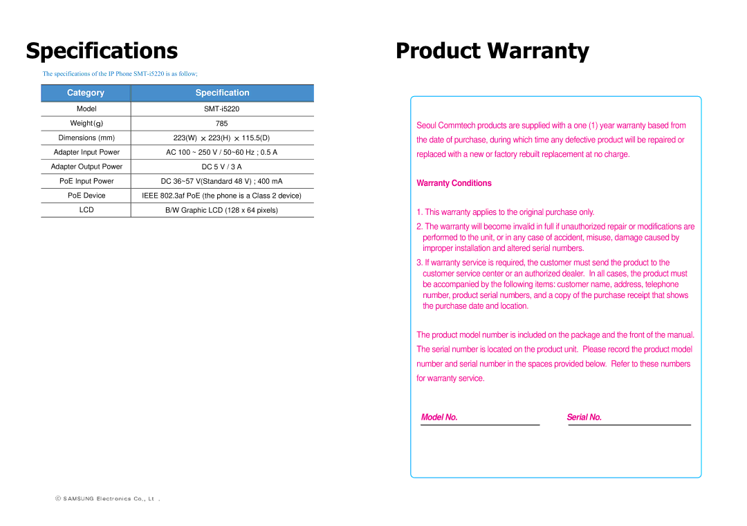 Samsung SMT-I5220 user manual Specifications, Product Warranty, Graphic LCD 128 x 64 pixels 