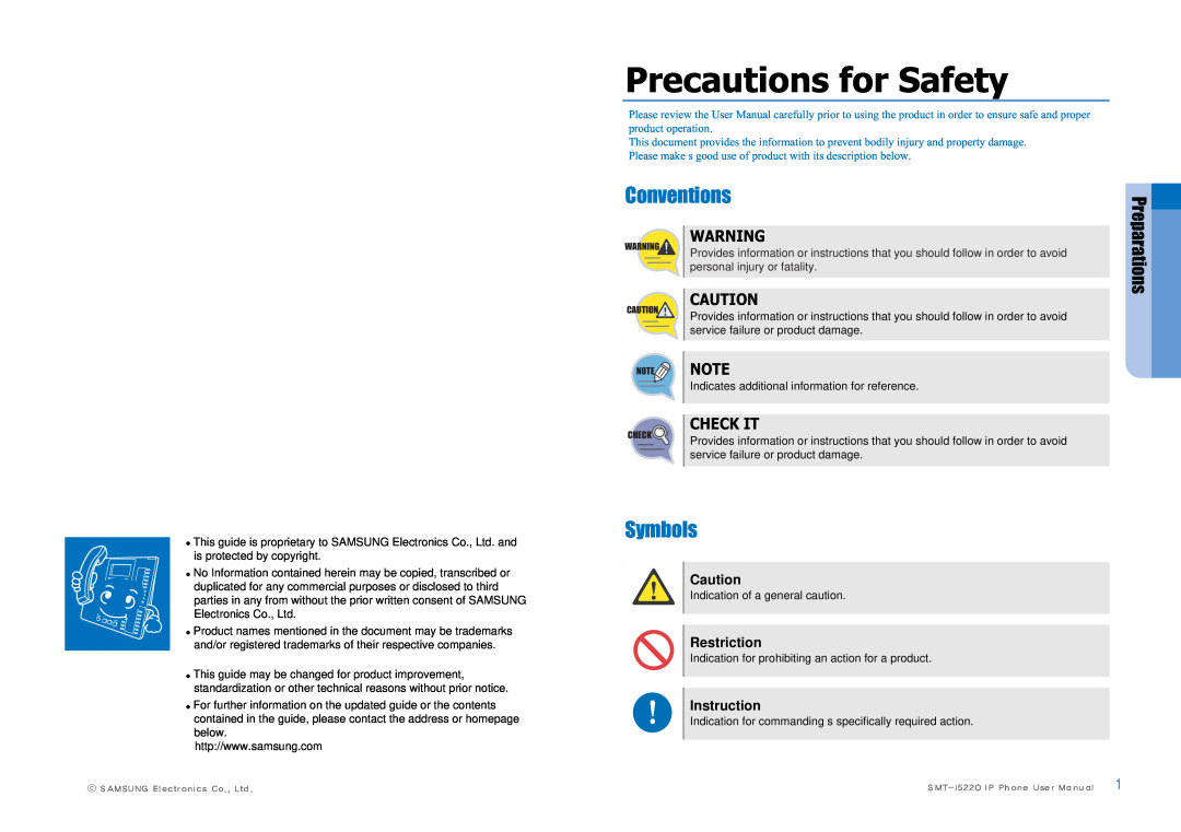 Samsung SMT-I5220 Precautions for Safety, Conventions, Symbols, Preparations, Check It, Restriction, Instruction 