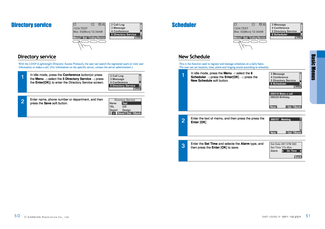 Samsung SMT-I5220 user manual Directory service, Scheduler, New Schedule, Basic, Menus 