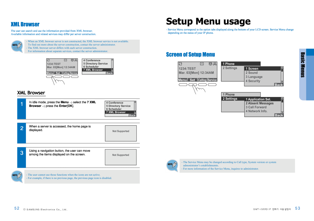 Samsung SMT-I5220 Setup Menu usage, XML Browser, Screen of Setup Menu, Basic Menus, 1234TEST Mar. 03Mon 1234AM, Phone 