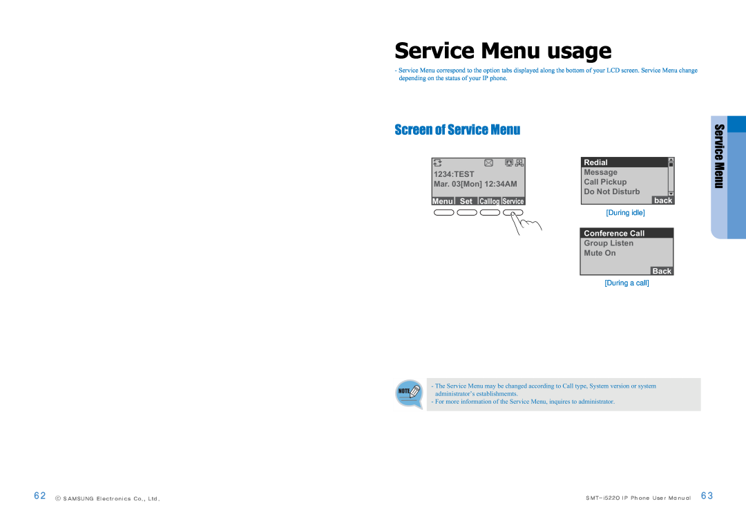 Samsung SMT-I5220 Service Menu usage, Screen of Service Menu, 1234TEST Mar. 03Mon 1234AM, Menu Set Calllog Service, Redial 