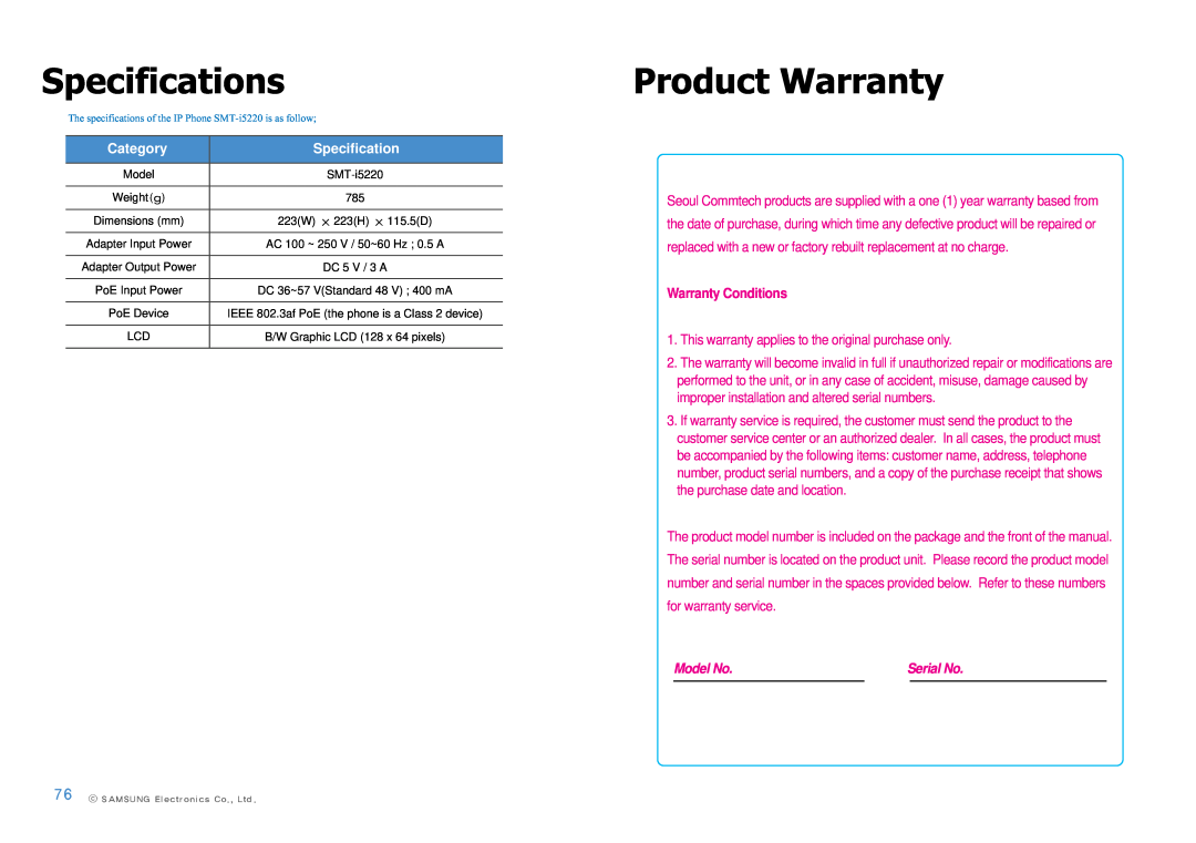 Samsung SMT-I5220 user manual Specifications, Product Warranty, Category, Warranty Conditions, Model No, Serial No 