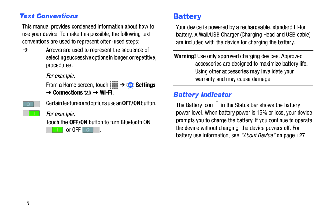 Samsung SM/T530NYKAX user manual Text Conventions, Battery Indicator, Connections tab Wi-Fi 