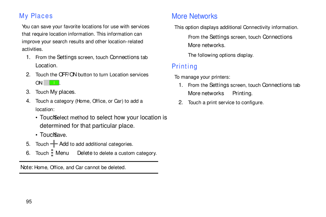 Samsung SM/T530NYKAX user manual More Networks, My Places, Printing, Touch My places 