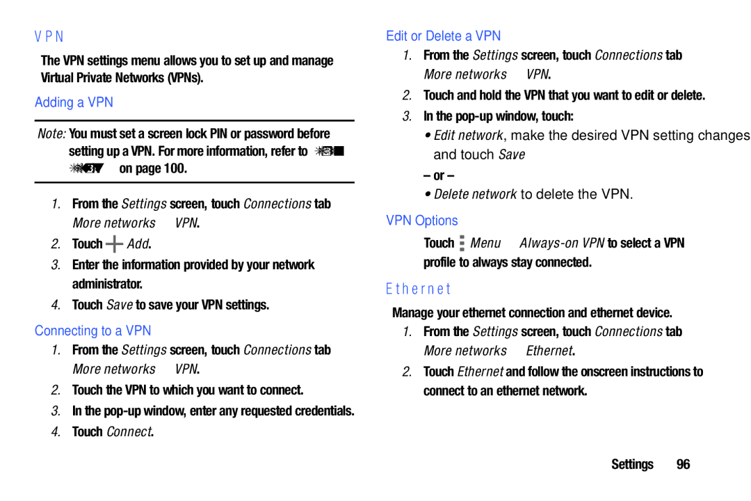 Samsung SM/T530NYKAX user manual Ethernet, Adding a VPN, Connecting to a VPN, Edit or Delete a VPN, VPN Options 