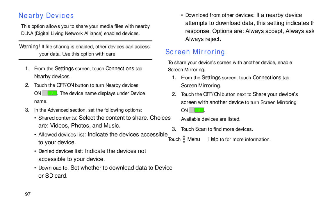 Samsung SM/T530NYKAX user manual Nearby Devices, Screen Mirroring, Are Videos, Photos, and Music 