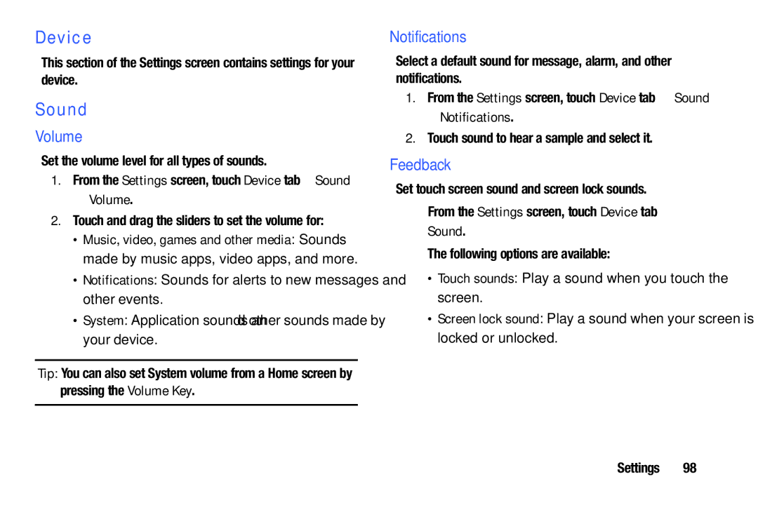 Samsung SM/T530NYKAX user manual Device, Sound, Volume, Notifications, Feedback 