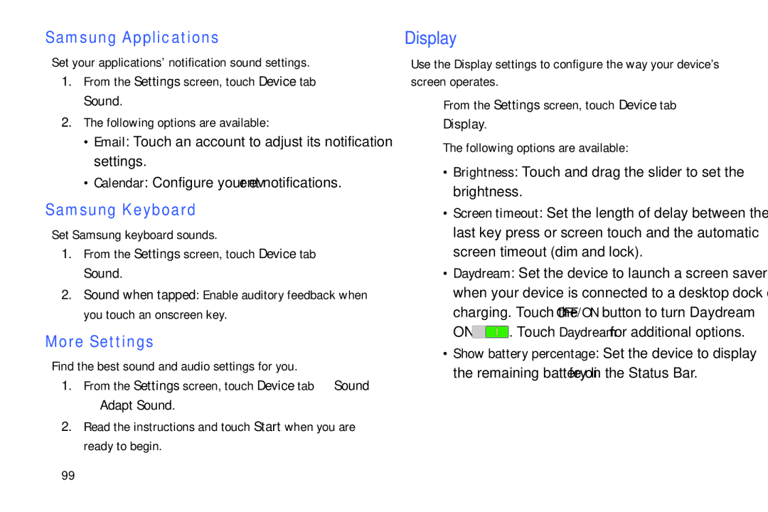 Samsung SM/T530NYKAX user manual Display, Samsung Applications, Samsung Keyboard, More Settings, Adapt Sound 