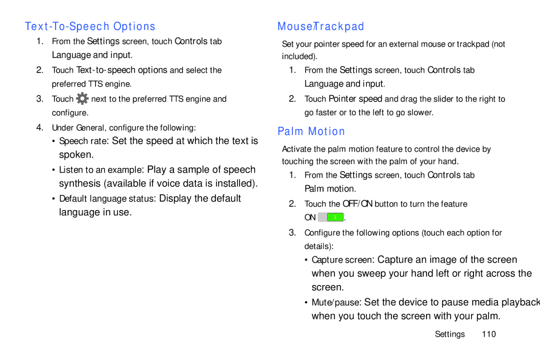 Samsung SM/T530NYKAX user manual Text-To-Speech Options, Mouse/Trackpad, Palm Motion 