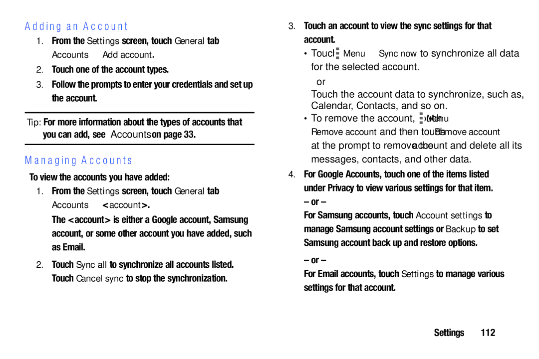 Samsung SM/T530NYKAX user manual Adding an Account, Managing Accounts, To view the accounts you have added 