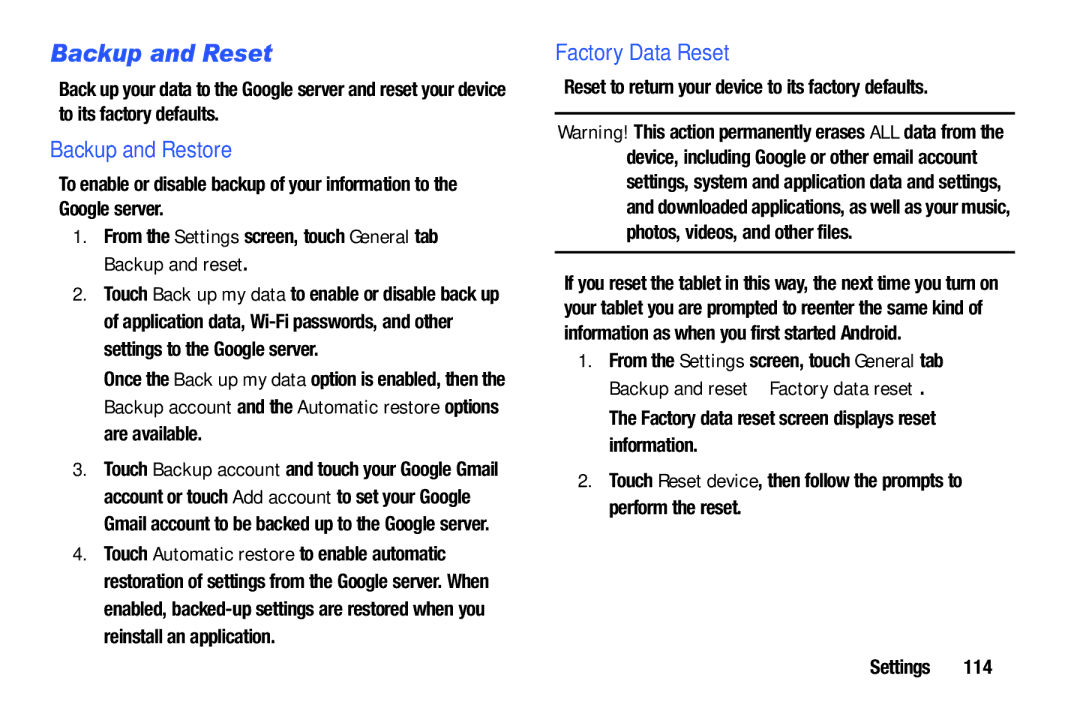 Samsung SM/T530NYKAX user manual Backup and Reset, Backup and Restore, Factory Data Reset 