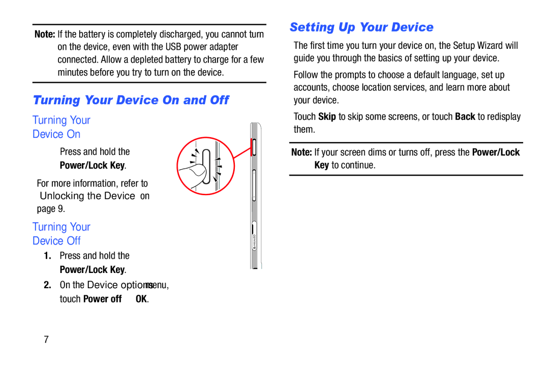 Samsung SM/T530NYKAX user manual Turning Your Device On and Off, Setting Up Your Device, Turning Your Device Off 