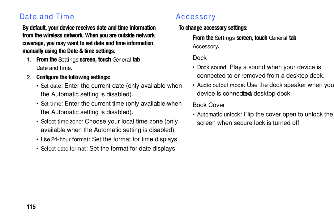 Samsung SM/T530NYKAX user manual Date and Time, Accessory, 115 